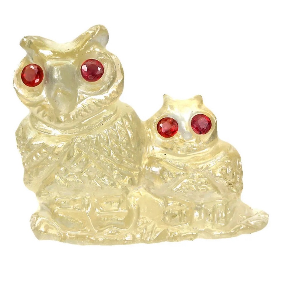 Handmade 76.66ct 33x29mm Owl Carving 100% Natural Lemon Quartz Red Sapphire